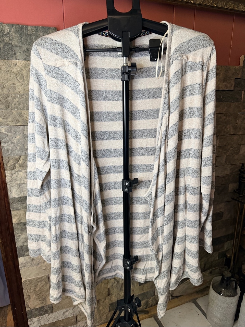 KNOX ROSE Gray Striped Open Front Drape Cardigan Sweater Size Large